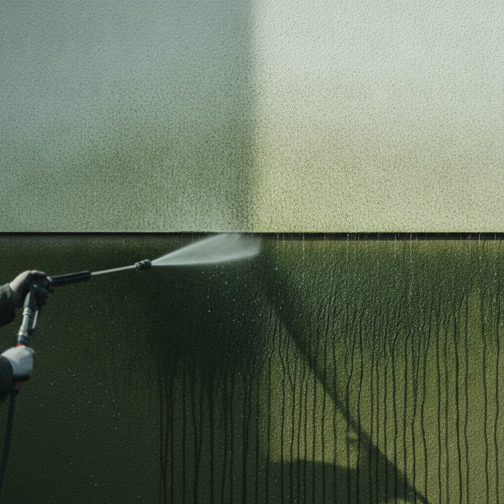 Verputzte Hauswand, untere Hälfte mit dunkelgrünem Algenbelag, obere Hälfte frisch gereinigt, dazwischen der Wasserfächer einer Reinigungslanze