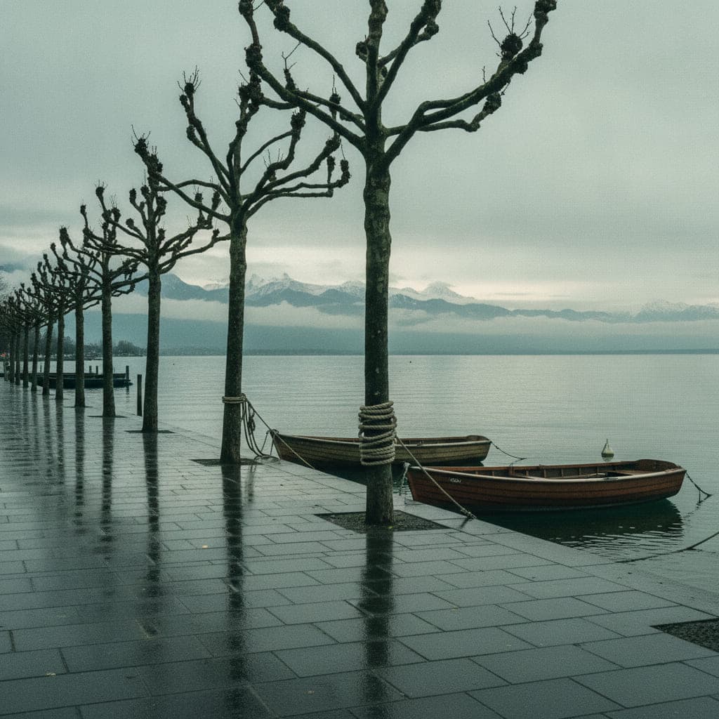 Seeuferpromenade an einem bedeckten Morgen, nasses Steinpflaster, zwei vertäute Holzboote, Berge als blasse Silhouette am Horizont